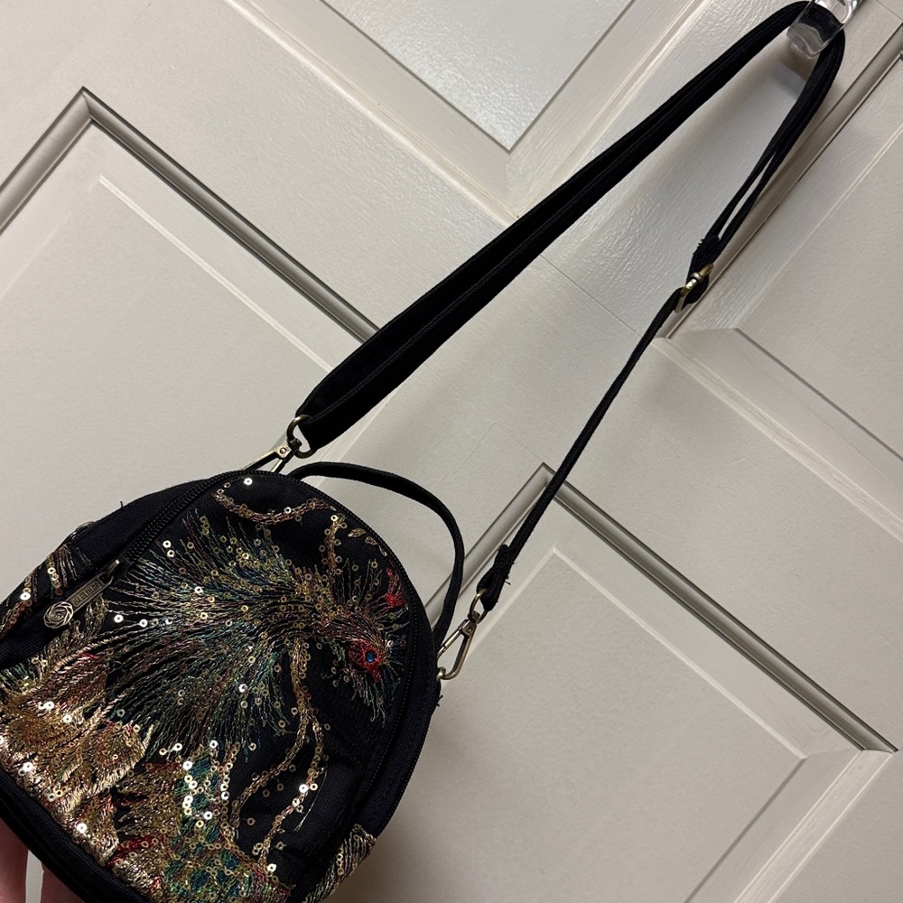 Embroidered Sequin Crossbody Bag 3 zip compartments tp handle vintage unique EUC - Picture 9 of 17